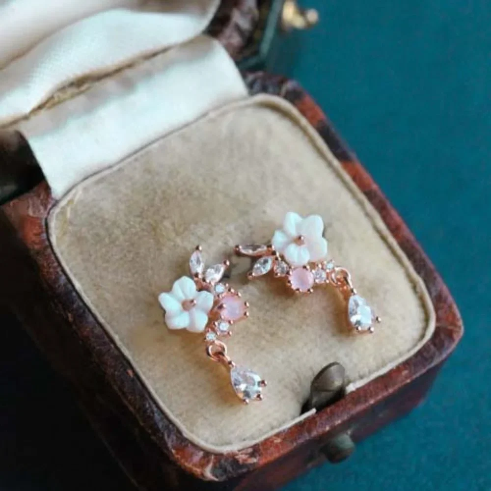 Sterling Silver Crystal Flower Earrings Delicate Minimal Floral Earrings Studs - Picture 2 of 8